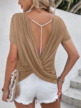 Beads Trim Back Twisted Blouse - Kings Crown Jewel Boutique