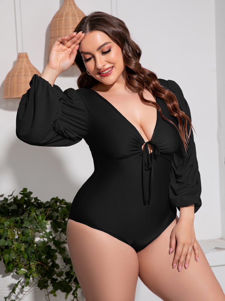 Plus Size Tied Deep V Balloon Sleeve One-Piece Swimsuit king-general-store-5710.myshopify.com