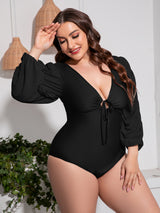 Plus Size Tied Deep V Balloon Sleeve One-Piece Swimsuit king-general-store-5710.myshopify.com