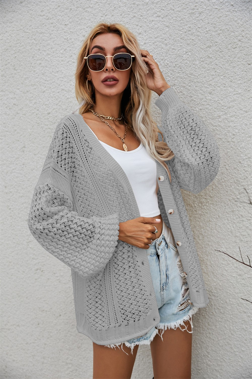 Openwork V-Neck Dropped Shoulder Cardigan king-general-store-5710.myshopify.com