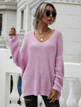 Rib-Knit Drop Shoulder V-Neck Pullover Sweater king-general-store-5710.myshopify.com