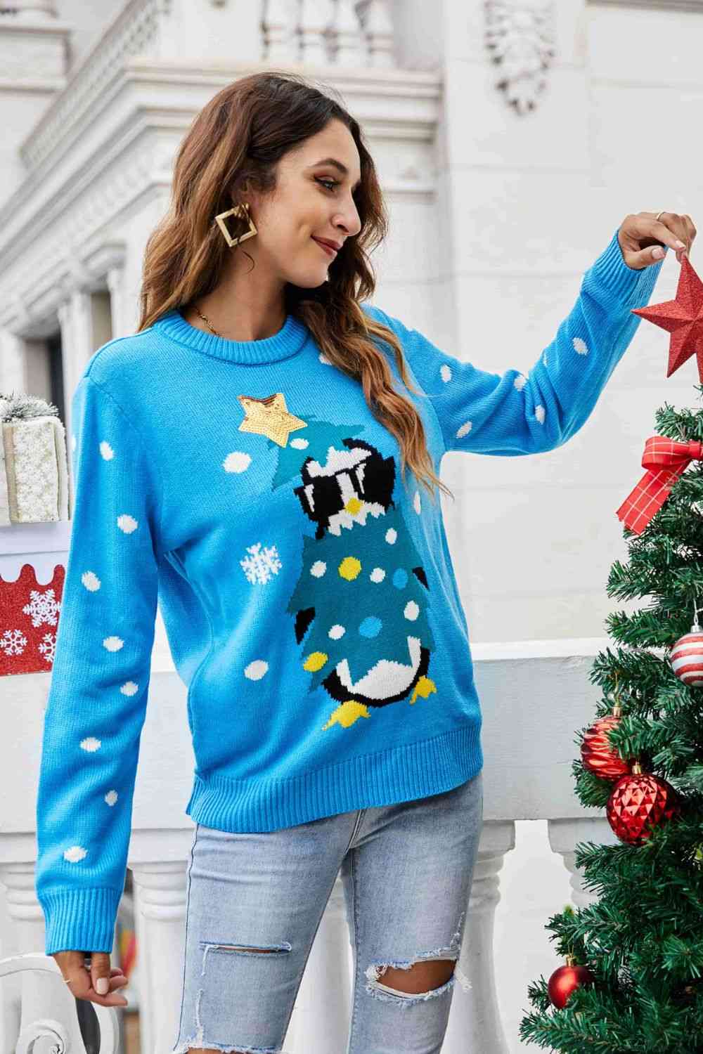 Christmas Penguin Graphic Sequin Sweater king-general-store-5710.myshopify.com