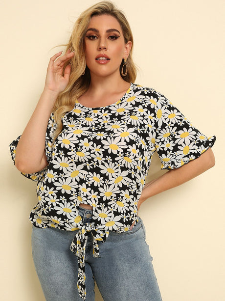 Plus Size Floral Round Neck Tie Hem Blouse king-general-store-5710.myshopify.com