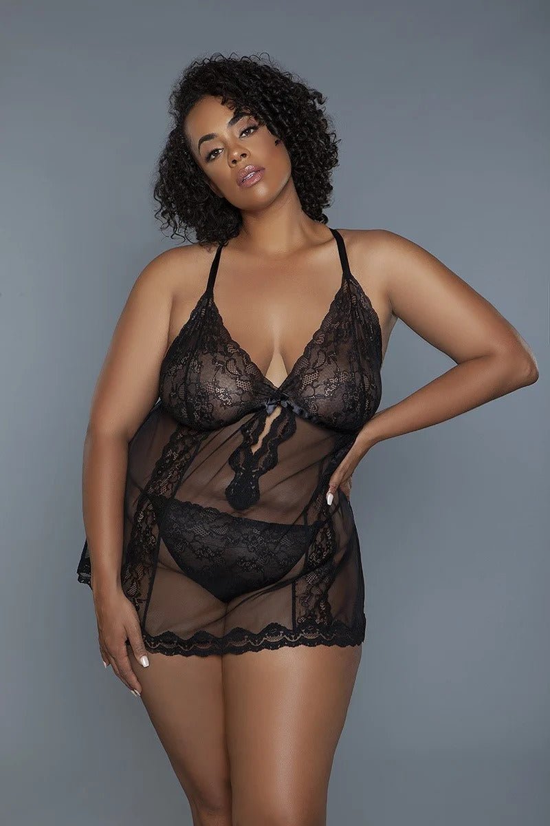 Black Babydoll Sheer Mesh And Lace Front Panels Design - Kings Crown Jewel Boutique