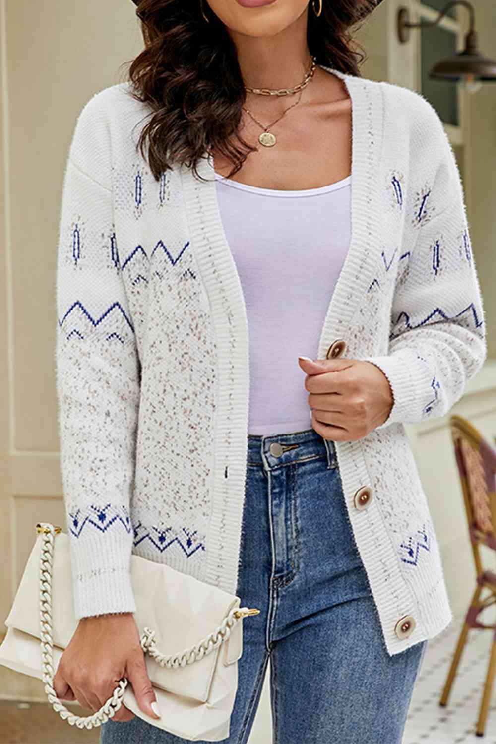 Printed V-Neck Buttoned Cardigan king-general-store-5710.myshopify.com