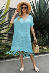 V-Neck Short Sleeve Fringe Hem Knit Dress king-general-store-5710.myshopify.com