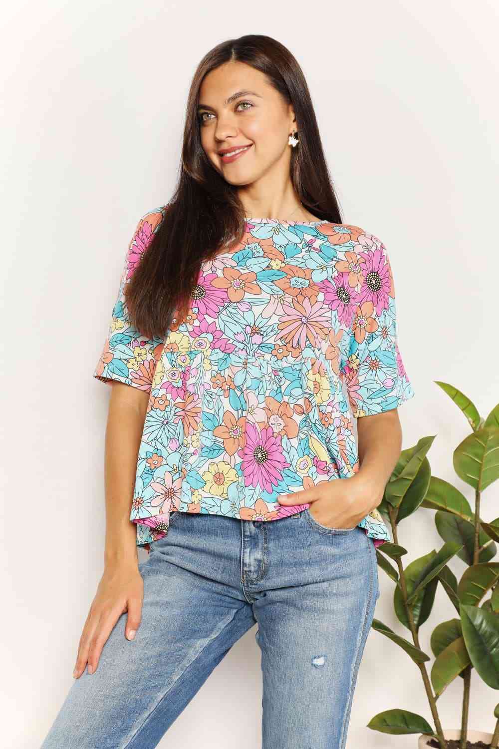 Double Take Floral Round Neck Babydoll Top king-general-store-5710.myshopify.com