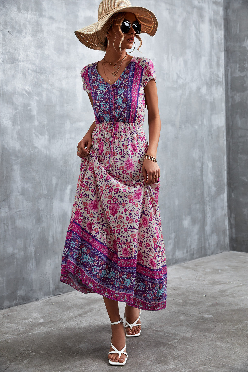 V-Neck Short Sleeve Printed Maxi Dress king-general-store-5710.myshopify.com