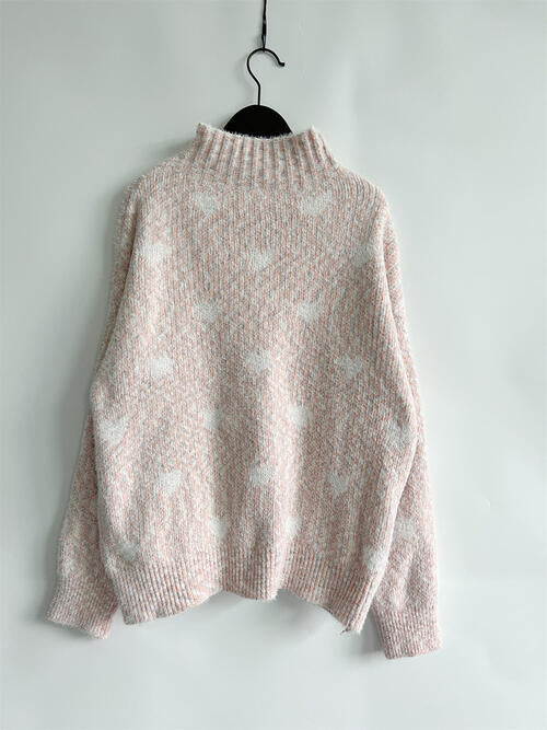 Heart Heathered Turtleneck Drop Shoulder Sweater king-general-store-5710.myshopify.com