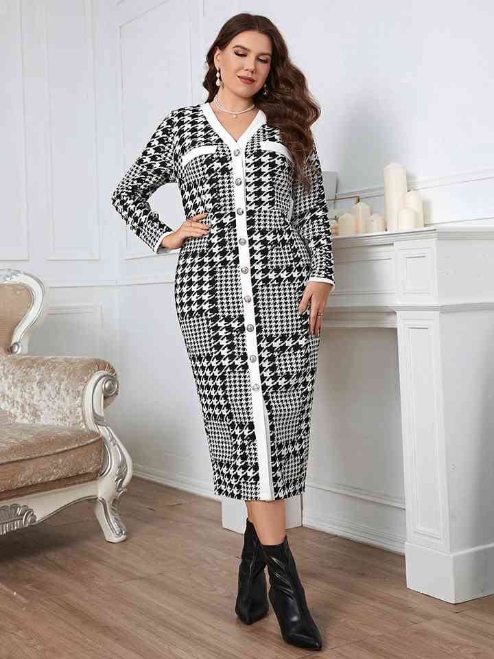 Plus Size Houndstooth Button-Down Long Sleeve Dress king-general-store-5710.myshopify.com