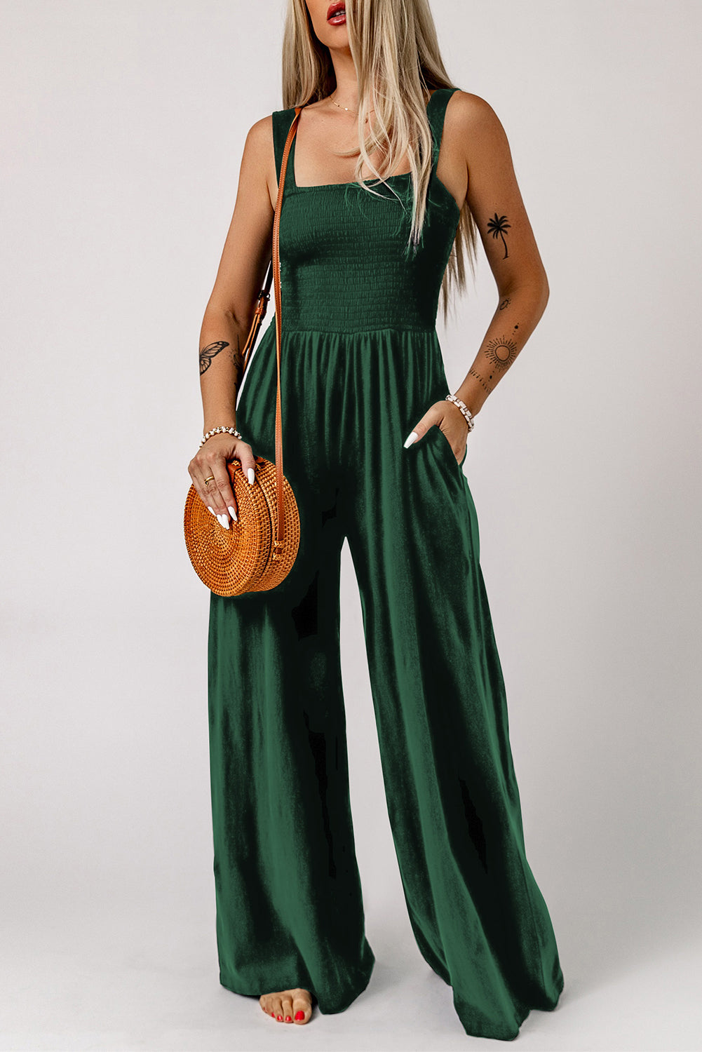 Smocked Square Neck Wide Leg Jumpsuit with Pockets king-general-store-5710.myshopify.com