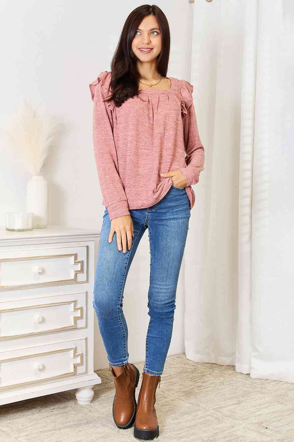 Double Take Square Neck Ruffle Shoulder Long Sleeve T-Shirt king-general-store-5710.myshopify.com