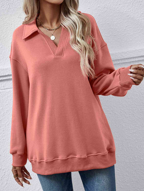 Collared Neck Dropped Shoulder Sweatshirt king-general-store-5710.myshopify.com