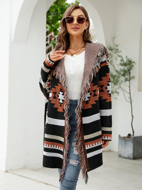 Fringe Geometric Hooded Long Sleeve Cardigan king-general-store-5710.myshopify.com