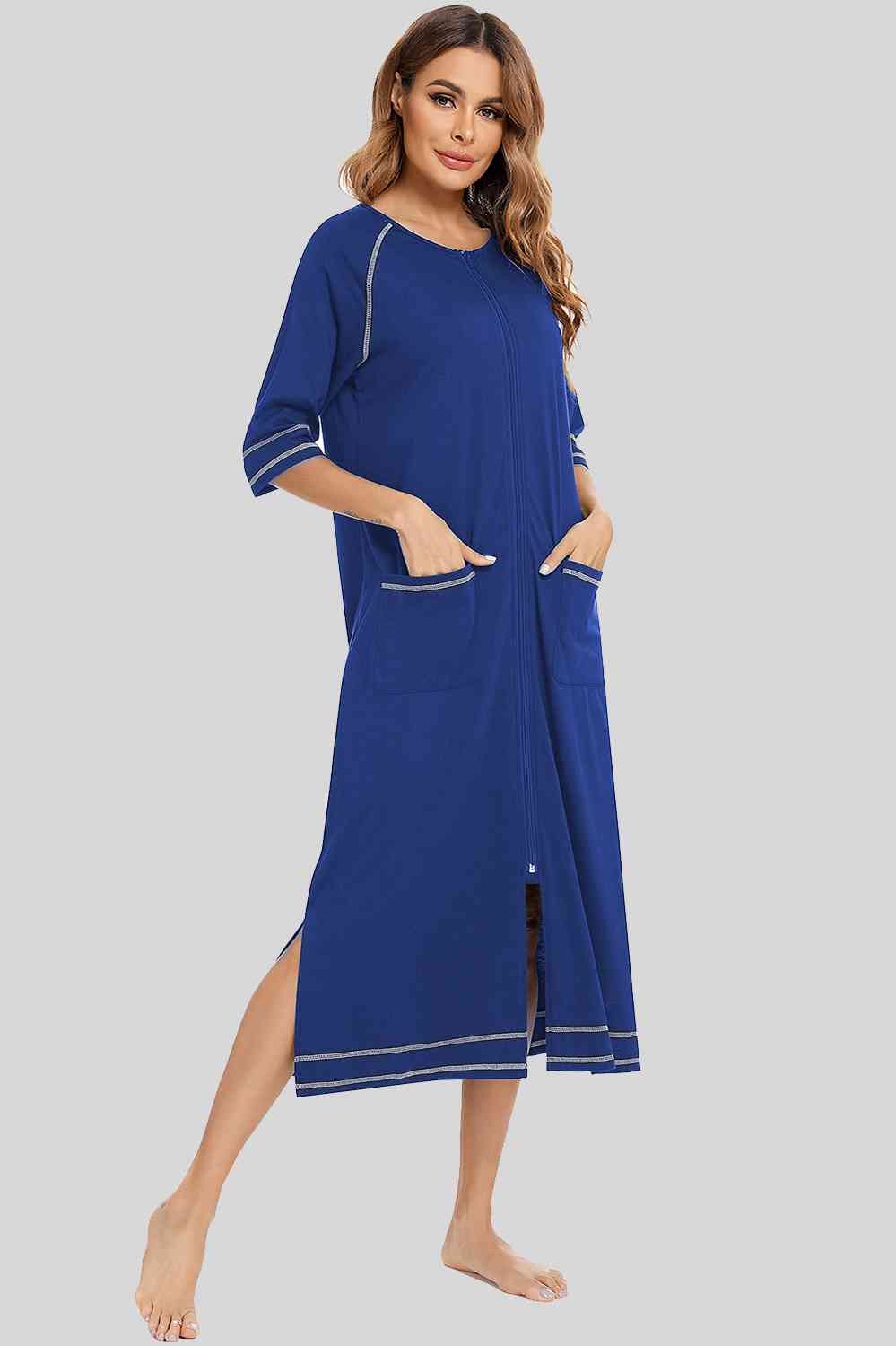 Zip Up Slit Round Neck Night Dress with Pockets king-general-store-5710.myshopify.com