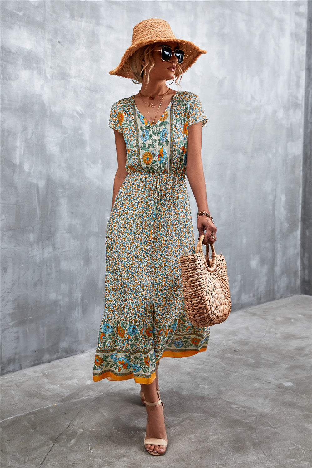 V-Neck Short Sleeve Printed Maxi Dress king-general-store-5710.myshopify.com