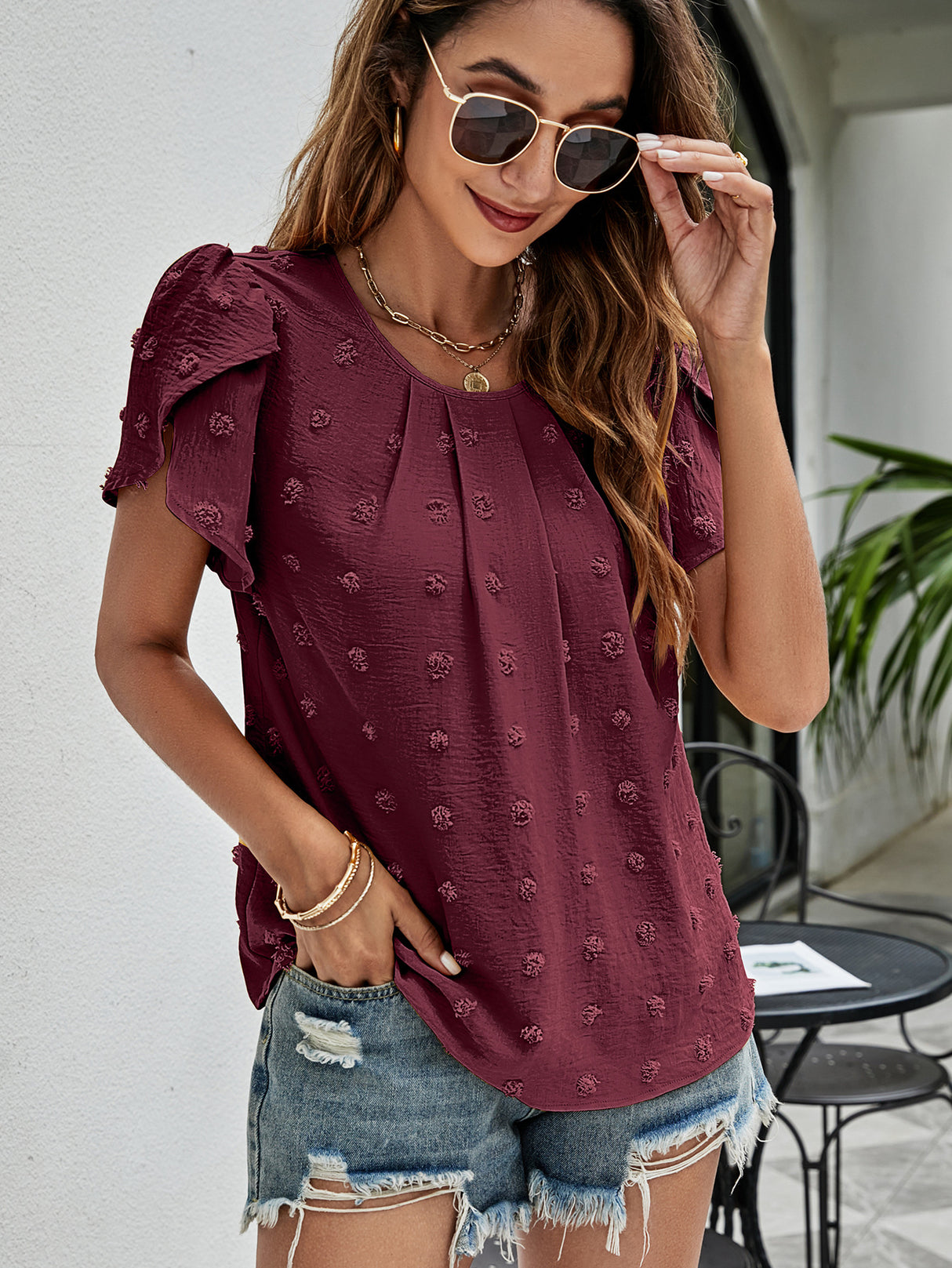 Swiss Dot Round Neck Petal Sleeve Top king-general-store-5710.myshopify.com