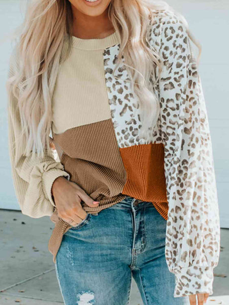 Color Block Leopard Round Neck Sweatshirt king-general-store-5710.myshopify.com