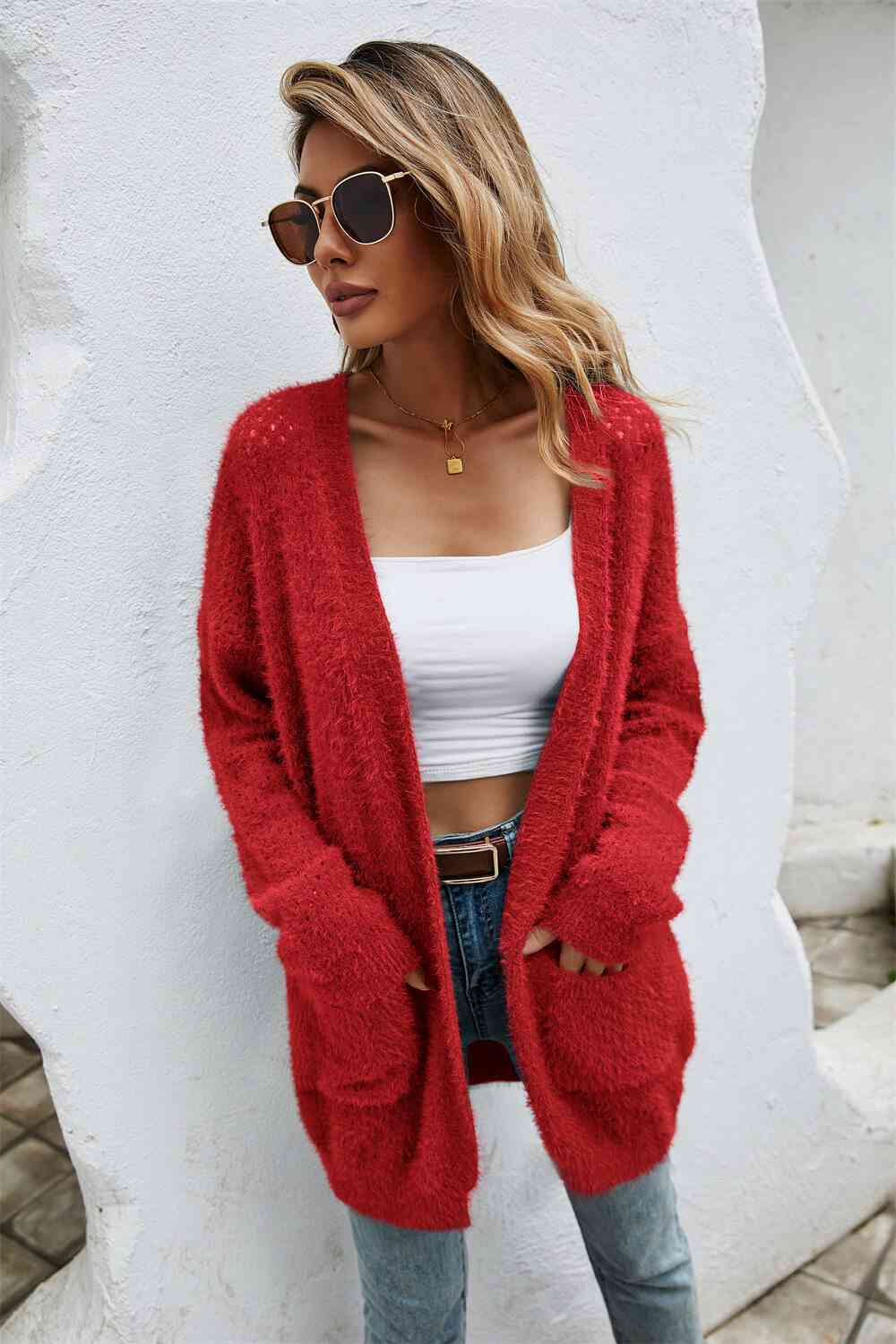 Open Front Openwork Fuzzy Cardigan with Pockets king-general-store-5710.myshopify.com