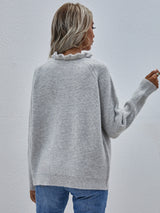 Button Detail Frill Neck Rib-Knit Sweater king-general-store-5710.myshopify.com