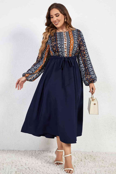 Melo Apparel Plus Size Printed Tie Belt Boat Neck Midi Dress king-general-store-5710.myshopify.com