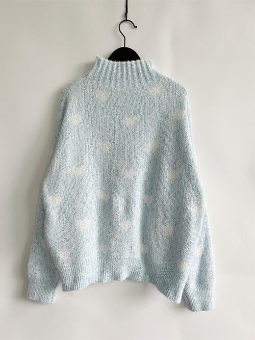 Heart Heathered Turtleneck Drop Shoulder Sweater king-general-store-5710.myshopify.com