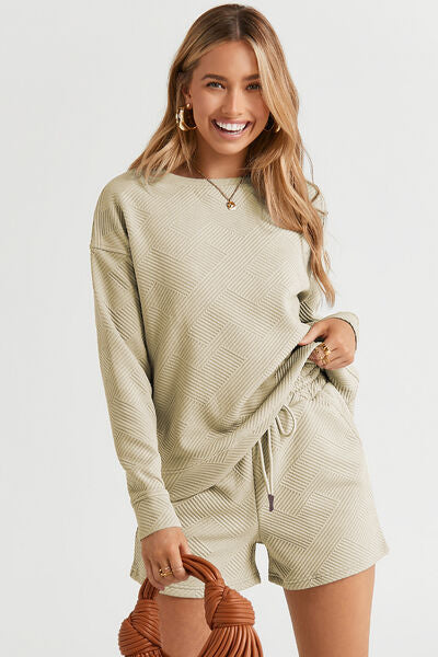 Double Take Full Size Texture Long Sleeve Top and Drawstring Shorts Set king-general-store-5710.myshopify.com