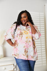 Double Take Floral Round Neck Three-Quarter Sleeve Top king-general-store-5710.myshopify.com