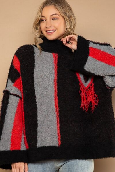 POL Turtleneck Color Block Fringe Detail Sweater king-general-store-5710.myshopify.com