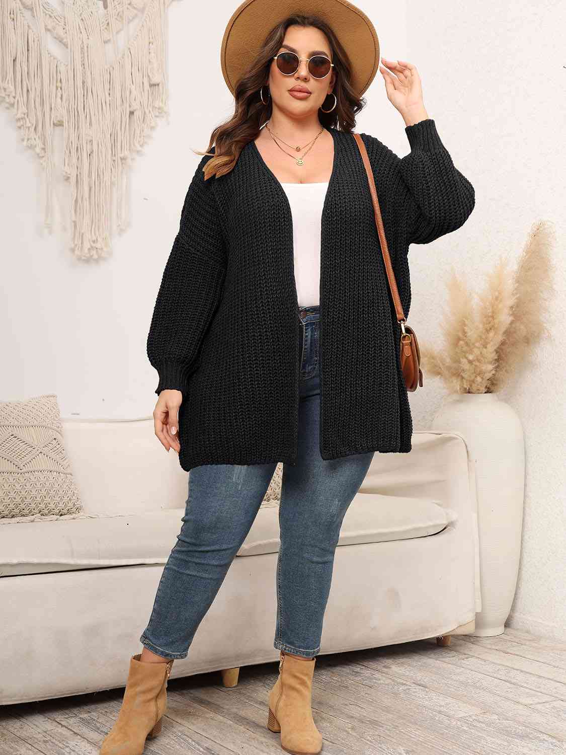 Plus Size Open Front Dropped Shoulder Knit Cardigan king-general-store-5710.myshopify.com