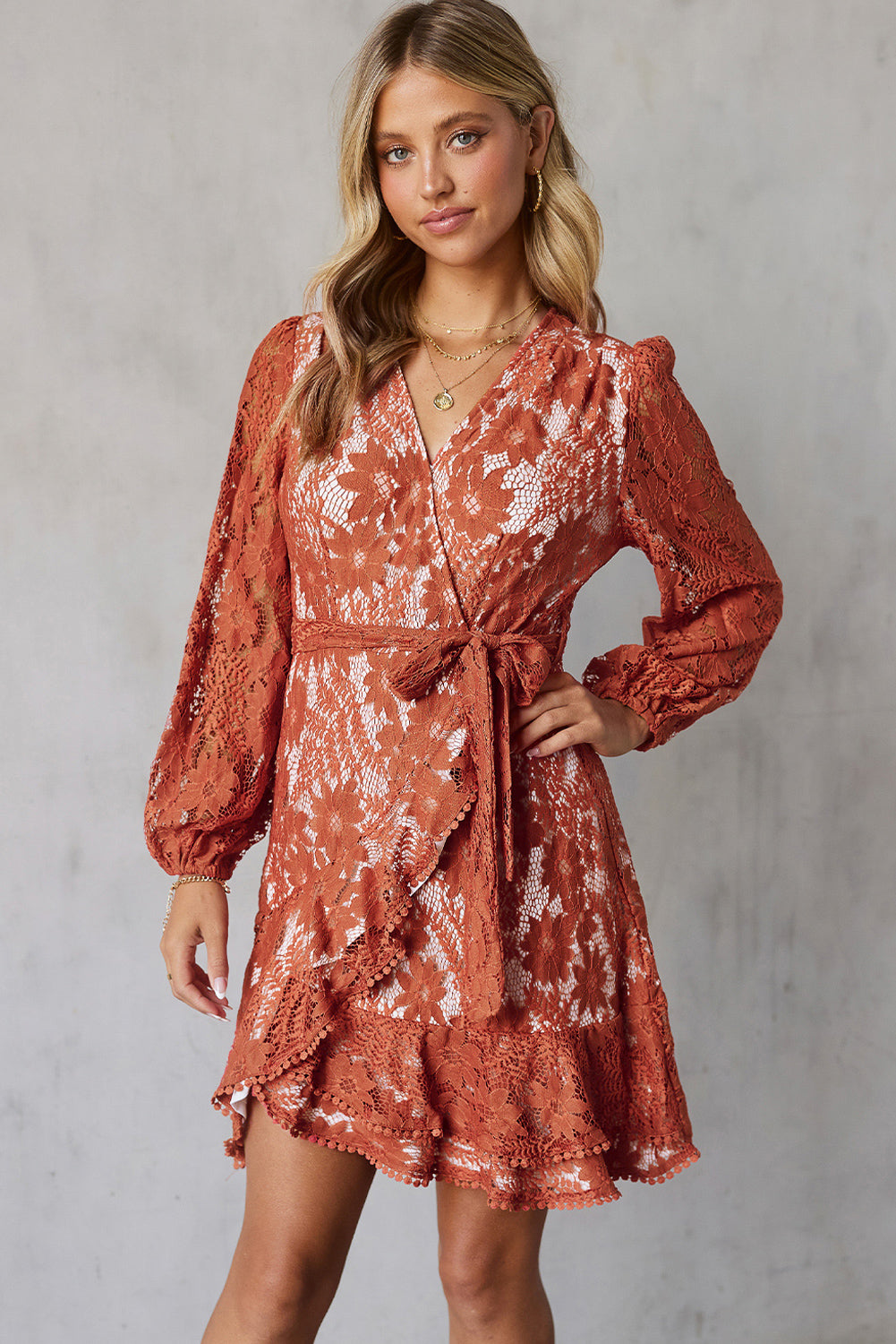 Pompom Trim Puff Sleeve Belted Lace Dress king-general-store-5710.myshopify.com