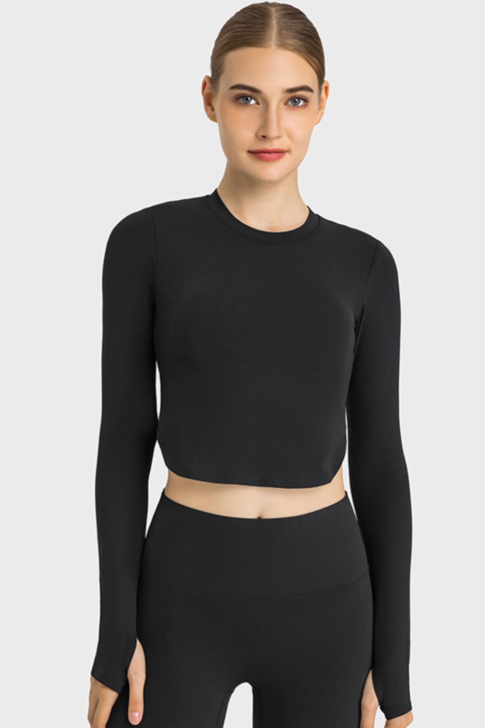 Side Slit Long Sleeve Round Neck Crop Top king-general-store-5710.myshopify.com