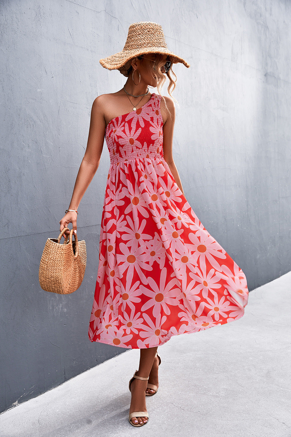 Floral Smocked One-Shoulder Midi Dress king-general-store-5710.myshopify.com