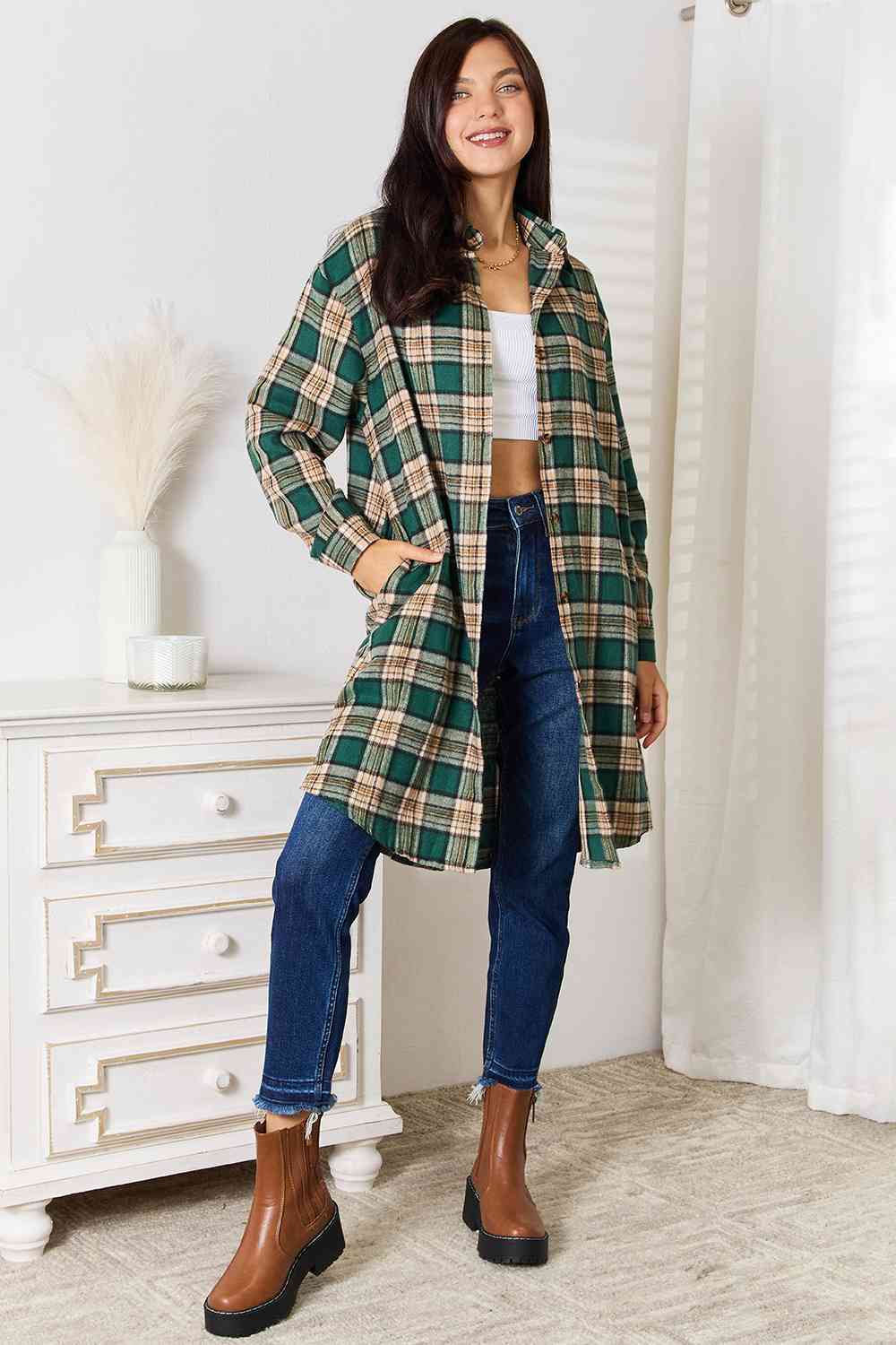 Double Take Plaid Collared Neck Long Sleeve Shirt king-general-store-5710.myshopify.com