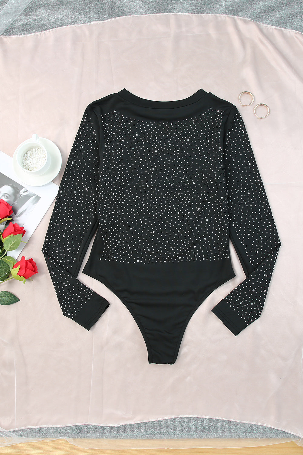 Rhinestone Round Neck Long Sleeve Bodysuit king-general-store-5710.myshopify.com