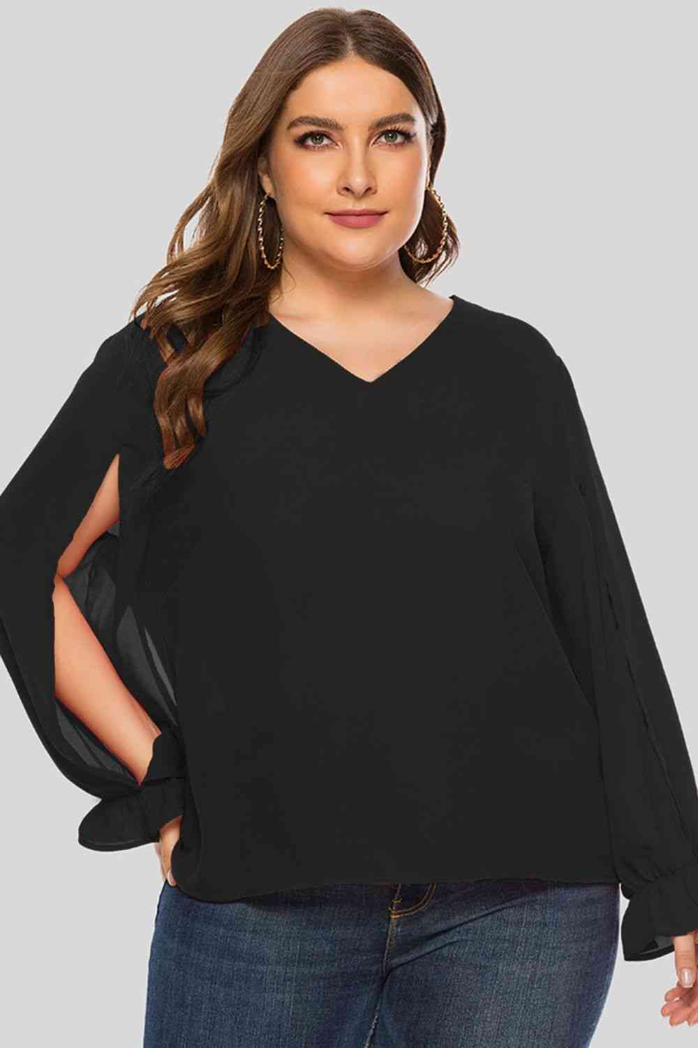 Plus Size Cutout Flounce Sleeve Blouse king-general-store-5710.myshopify.com