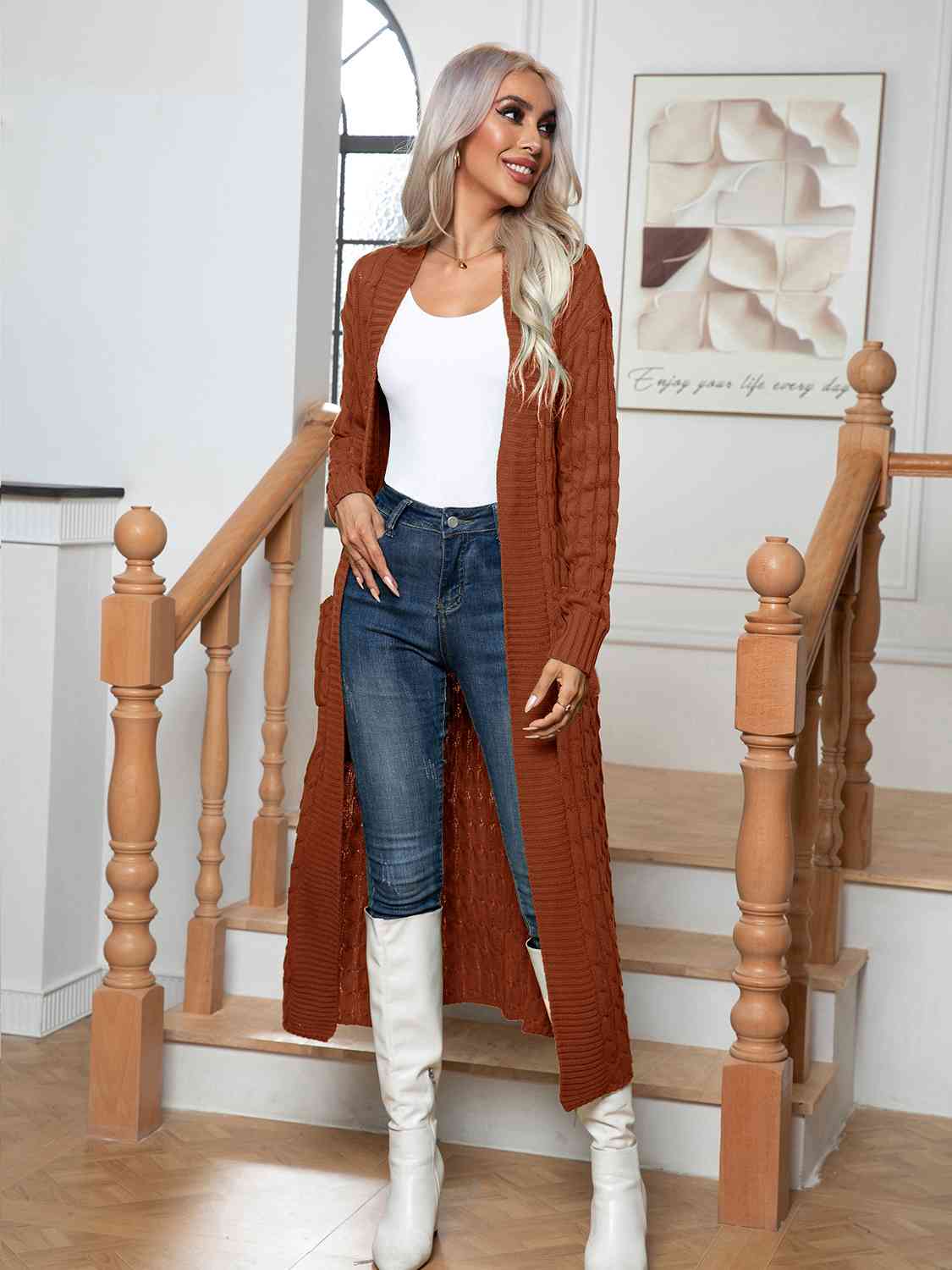 Cable-Knit Open Front Cardigan with Pockets king-general-store-5710.myshopify.com