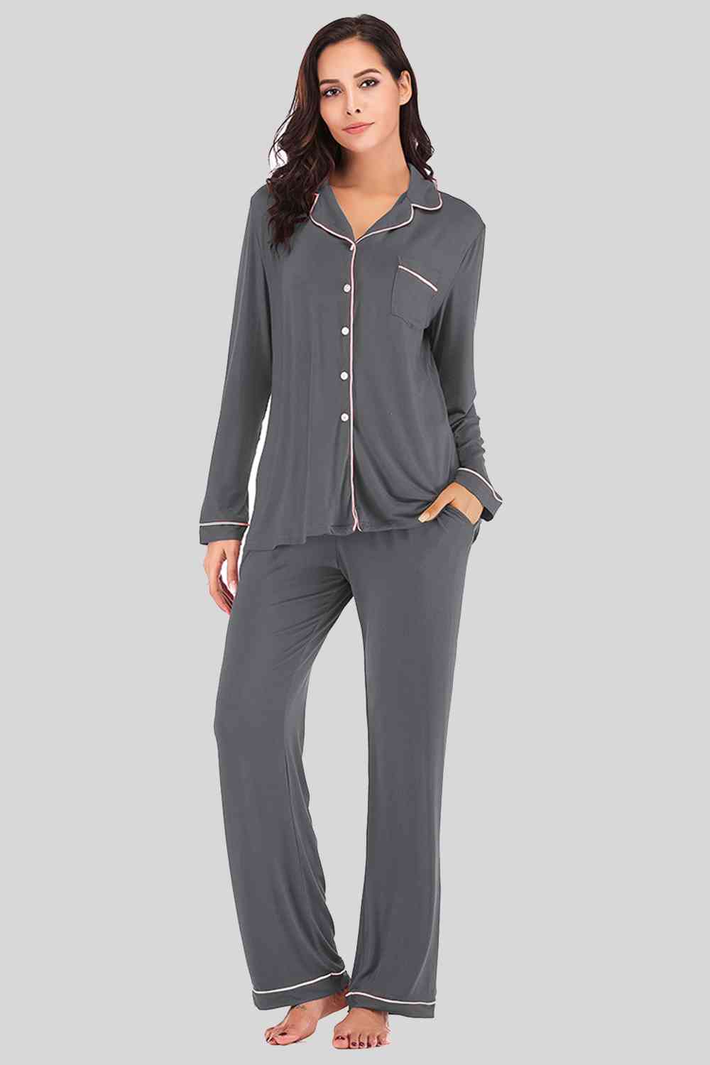 Collared Neck Long Sleeve Loungewear Set with Pockets king-general-store-5710.myshopify.com