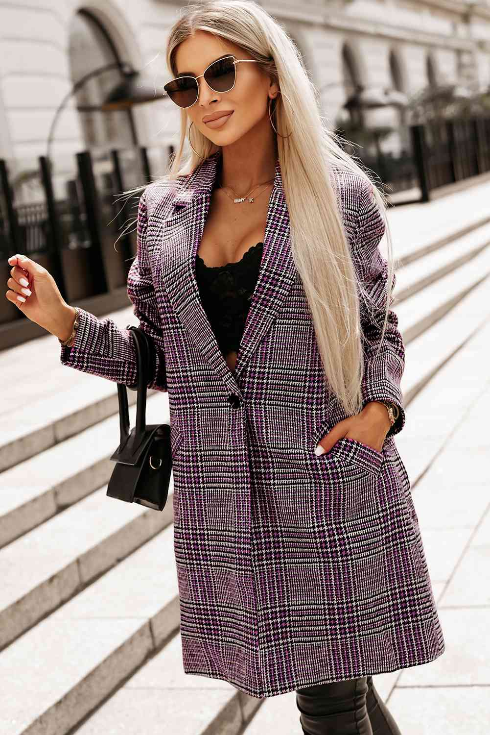 Plaid Lapel Collar Longline Blazer king-general-store-5710.myshopify.com