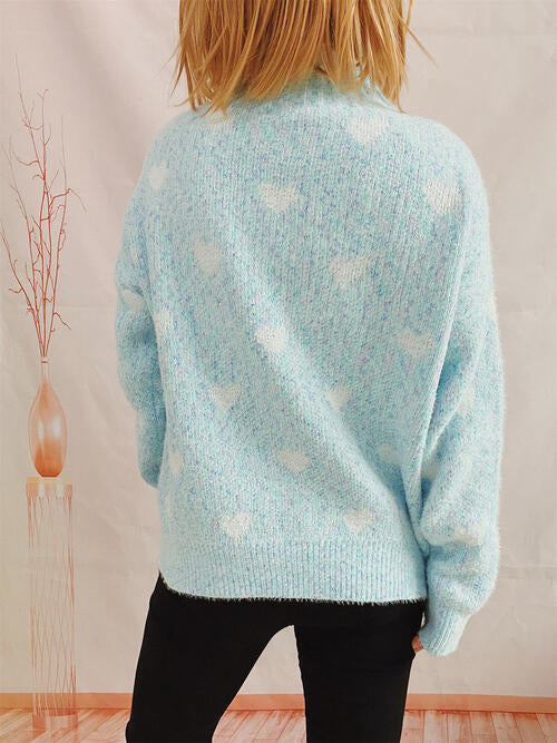 Heart Heathered Turtleneck Drop Shoulder Sweater king-general-store-5710.myshopify.com