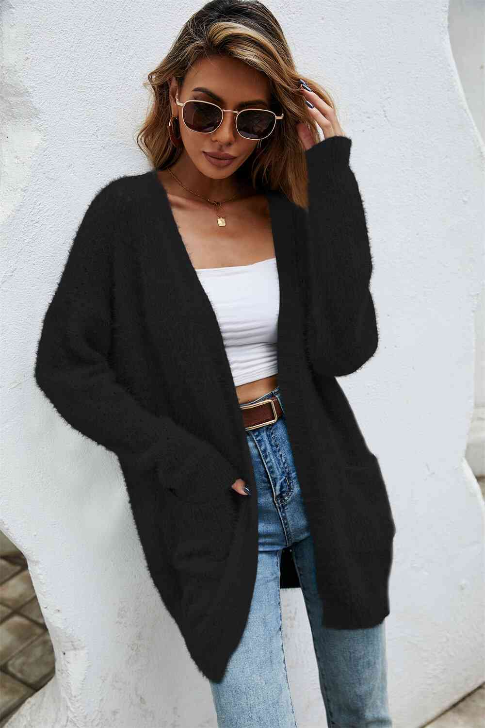 Open Front Openwork Fuzzy Cardigan with Pockets king-general-store-5710.myshopify.com