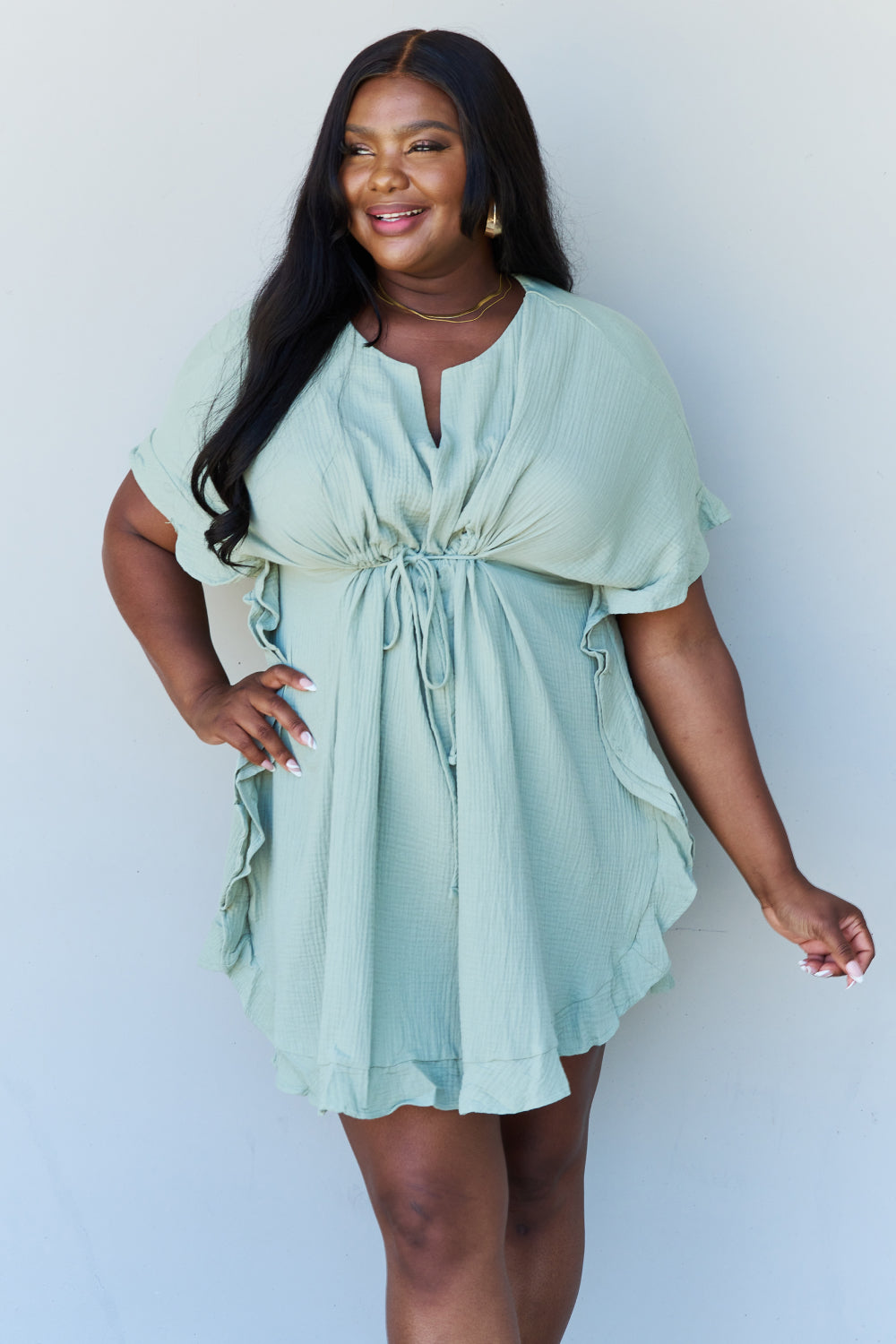 Ninexis Out Of Time Full Size Ruffle Hem Dress with Drawstring Waistband in Light Sage king-general-store-5710.myshopify.com