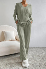 Ribbed V-Neck Top and Pants Set king-general-store-5710.myshopify.com