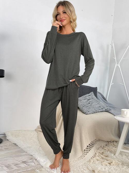 Round Neck Top and Drawstring Pants Lounge Set king-general-store-5710.myshopify.com