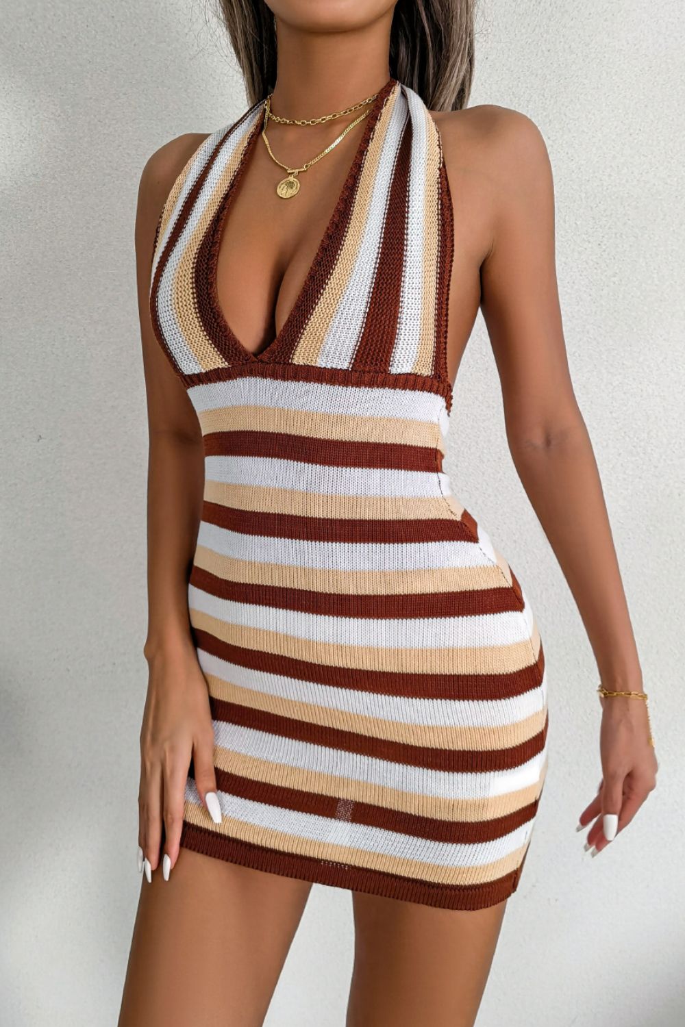 Striped Halter Neck Backless Knit Mini Dress king-general-store-5710.myshopify.com