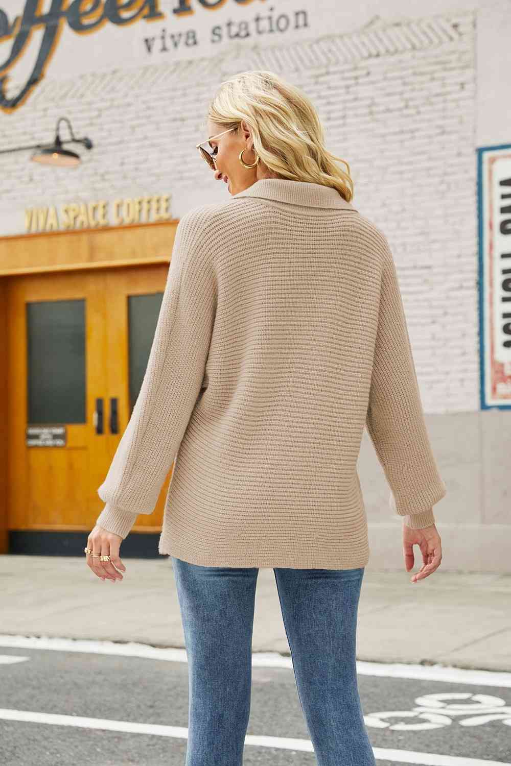 Double Take Horizontal Ribbing Johnny Collar Sweater king-general-store-5710.myshopify.com