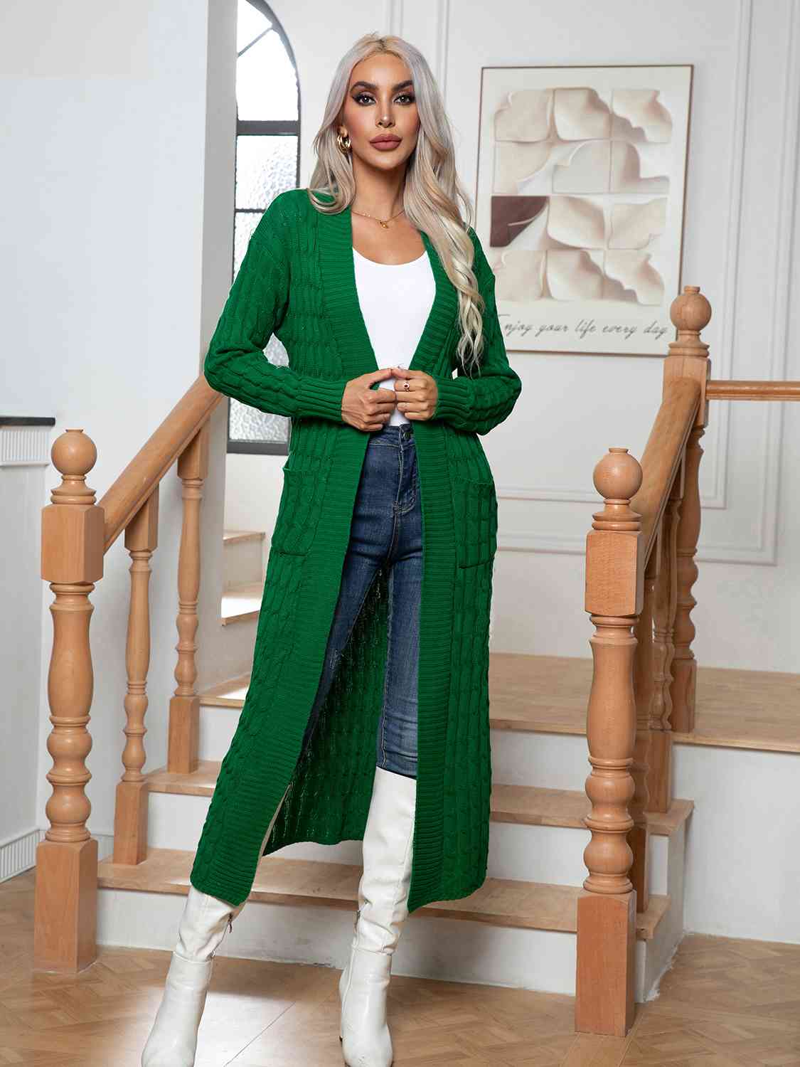 Cable-Knit Open Front Cardigan with Pockets king-general-store-5710.myshopify.com