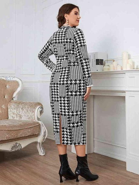 Plus Size Houndstooth Button-Down Long Sleeve Dress king-general-store-5710.myshopify.com