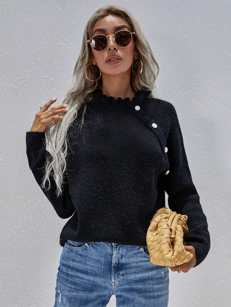 Button Detail Frill Neck Rib-Knit Sweater king-general-store-5710.myshopify.com