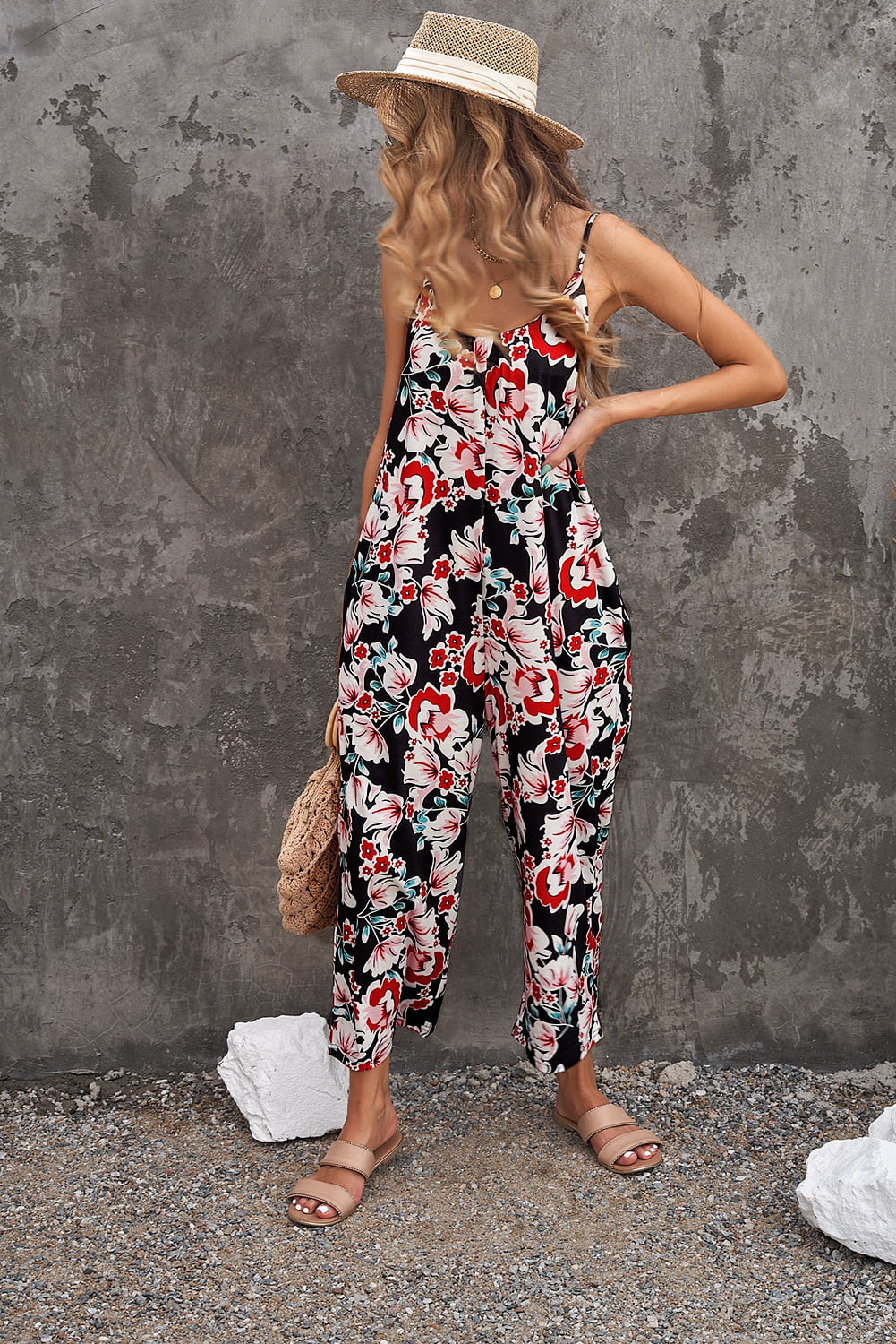 Botanical Print Spaghetti Strap Cropped Jumpsuit king-general-store-5710.myshopify.com